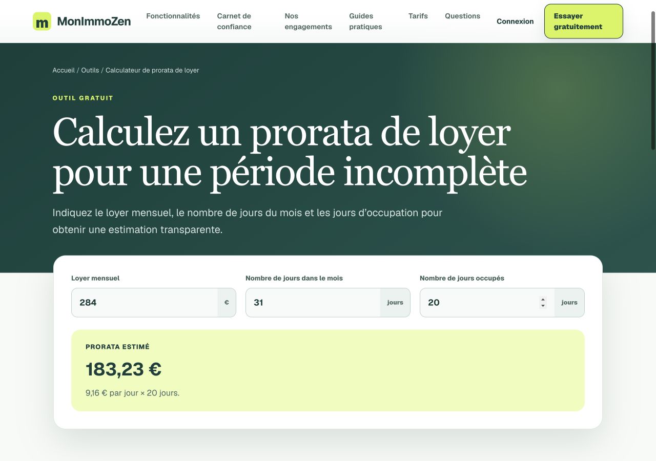 Calculateur public MonImmoZen affichant le prorata de 284 euros sur 20 jours parmi 31