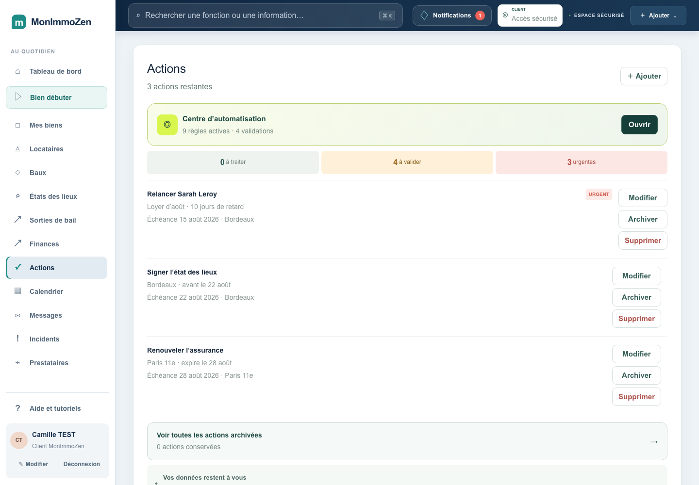 Vue Actions de MonImmoZen affichant une relance de loyer en retard à valider