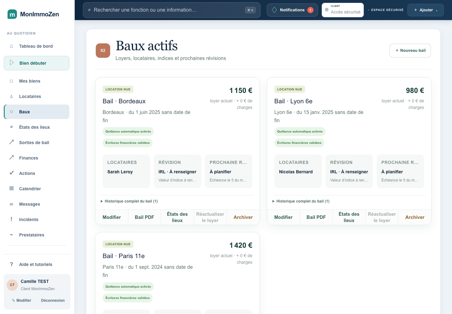 Vue Baux actifs de MonImmoZen avec les contrats, locataires, loyers et dates de révision