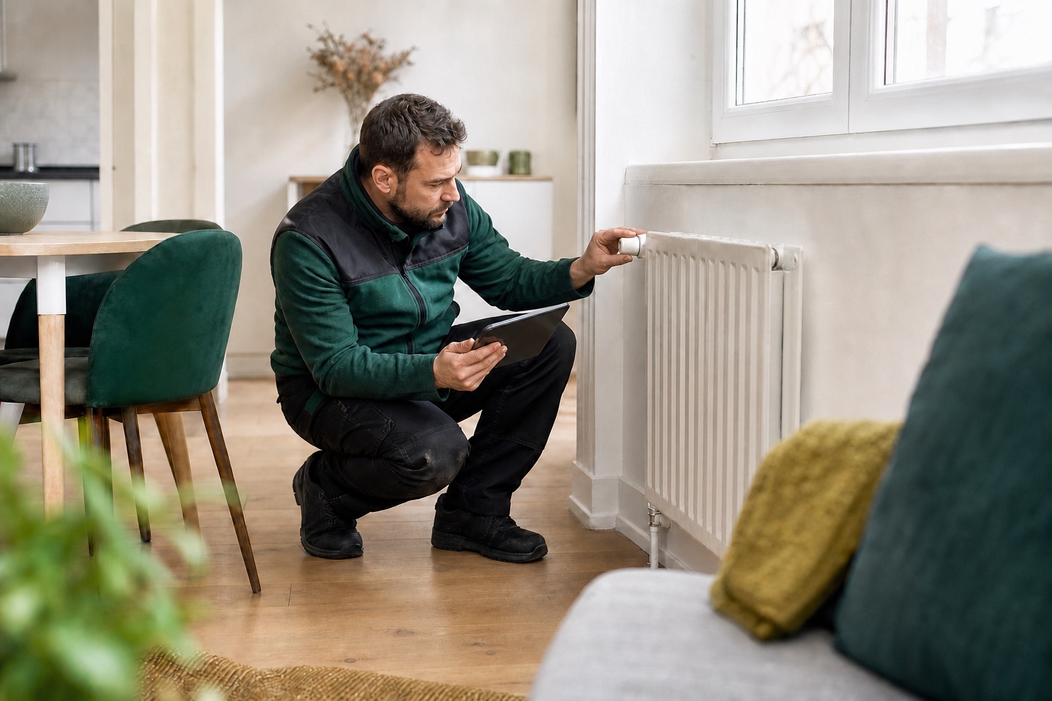 Un professionnel règle la tête thermostatique d’un radiateur dans un appartement.