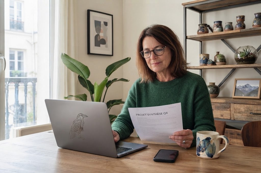 Une propriétaire consulte un document de gestion devant son ordinateur portable.